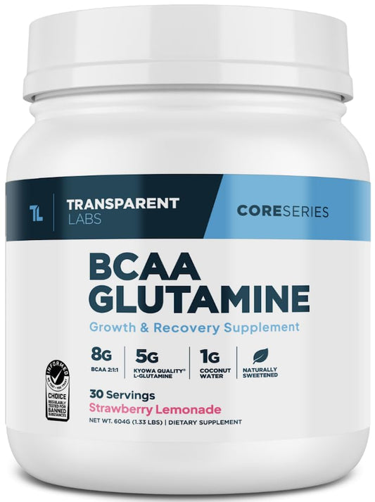 Transparent Labs BCAA Glutamine - 8000 Mg of BCAA Powder with L Glutamine for Post Workout Recovery, Muscle Growth, & Increased Endurance - 30 Servings, Strawberry Lemonade