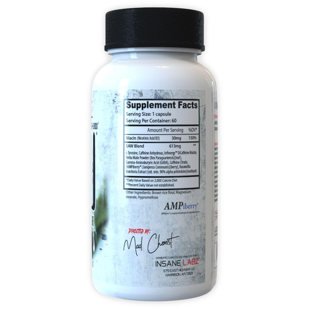 Insane Labz Saw®, High Potency Fat Burner, Thermogenic Weight Loss Supplement and Appetite Suppressant with L-Tyrosine, Yerba Mate, GABA and Alpha Yohimbine, 60 Srvgs