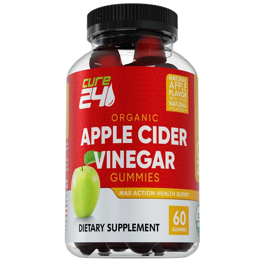 Cure24 Organic Apple Cider Vinegar Gummies, Vegan & Non-GMO, Gluten Free, Gelatin Free, ACV Supplement Gummies for Adults, 60 Count, Made in USA, (60 Gummies)