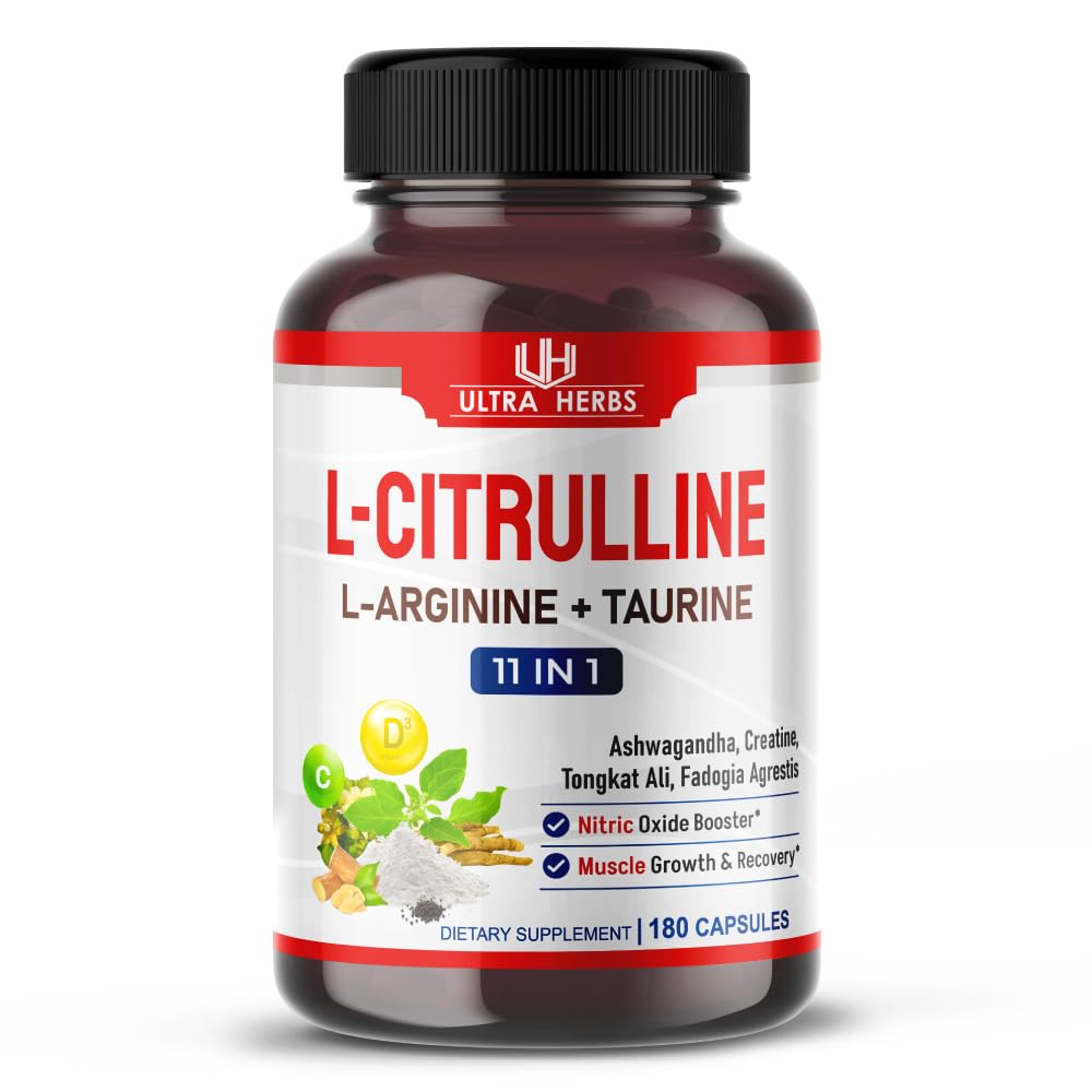 L-Citrulline Supplement Capsules Enriched with L-Arginine, Taurine, Creatine, Tongkat Ali, Fadogia Agrestis | Ultra Nitric Oxide Booster for Muscle Endurance, Stamina & Recovery | 180 Capsules