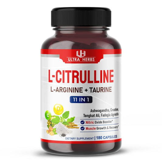 L-Citrulline Supplement Capsules Enriched with L-Arginine, Taurine, Creatine, Tongkat Ali, Fadogia Agrestis | Ultra Nitric Oxide Booster for Muscle Endurance, Stamina & Recovery | 180 Capsules