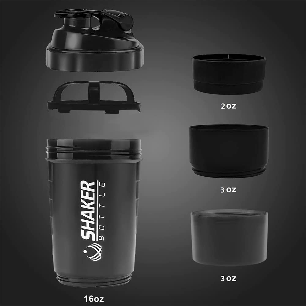 VIGIND Protein Shaker Bottle,16 oz Shake Cup for Protein Powder with Storage,Sports Water Bottle,Non Slip 3 Layer Twist Off 3oz Cups with Pill Tray Leak Proof Shake Bottles for Protein Mixes