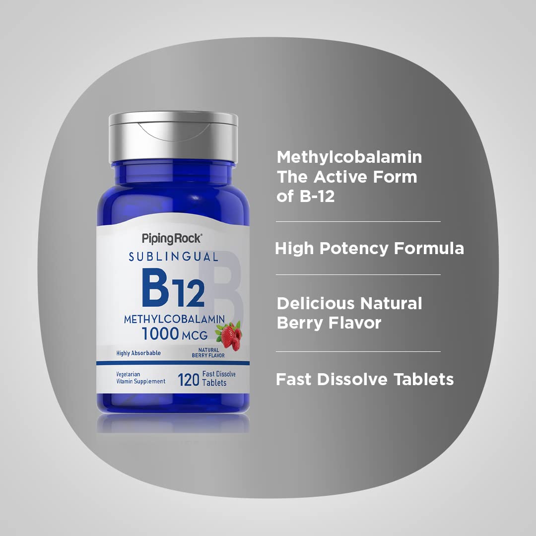 Piping Rock Vitamin B-12 Sublingual 1000 mcg | 120 Tablets | Methylcobalamin | Berry Flavor | Non-GMO, Gluten Free Supplement