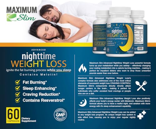 Maximum Slim Advanced Nighttime (Fat Burning) Weight Loss with African Mango, Green Tea, Resveratrol, and Maqui Berry,Will Help You Lose Weight While Sleeping and Maintain Sleep, 60 Count