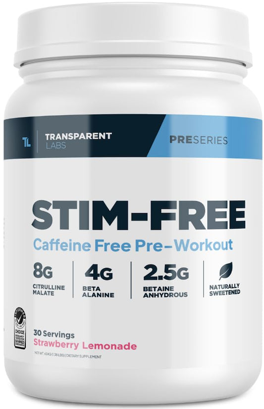 Transparent Labs Stim-Free Pre-Workout - Caffeine & Stim Free Pre Workout Powder for Men and Women with Beta Alanine Powder, Citrulline Malate, & elevATP - 30 Servings, Strawberry Lemonade