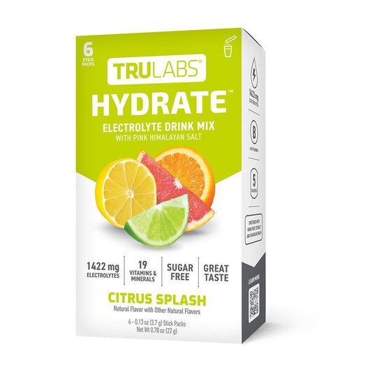 TRULABS Hydrate Citrus Splash 6ct. Sugar Free Electrolytes Hydration Packets. Each Serving Contains 1422 mg of Electrolytes &19 Vitamins & Minerals.