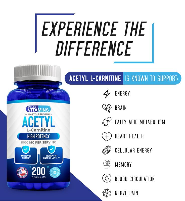 We Like Vitamins Acetyl L-Carnitine 1000mg Capsules - 200 Easy to Swallow Veggie Capsules - Acetyl l Carnitine Supplement Helps Support Focus, Brain Function, and Energy