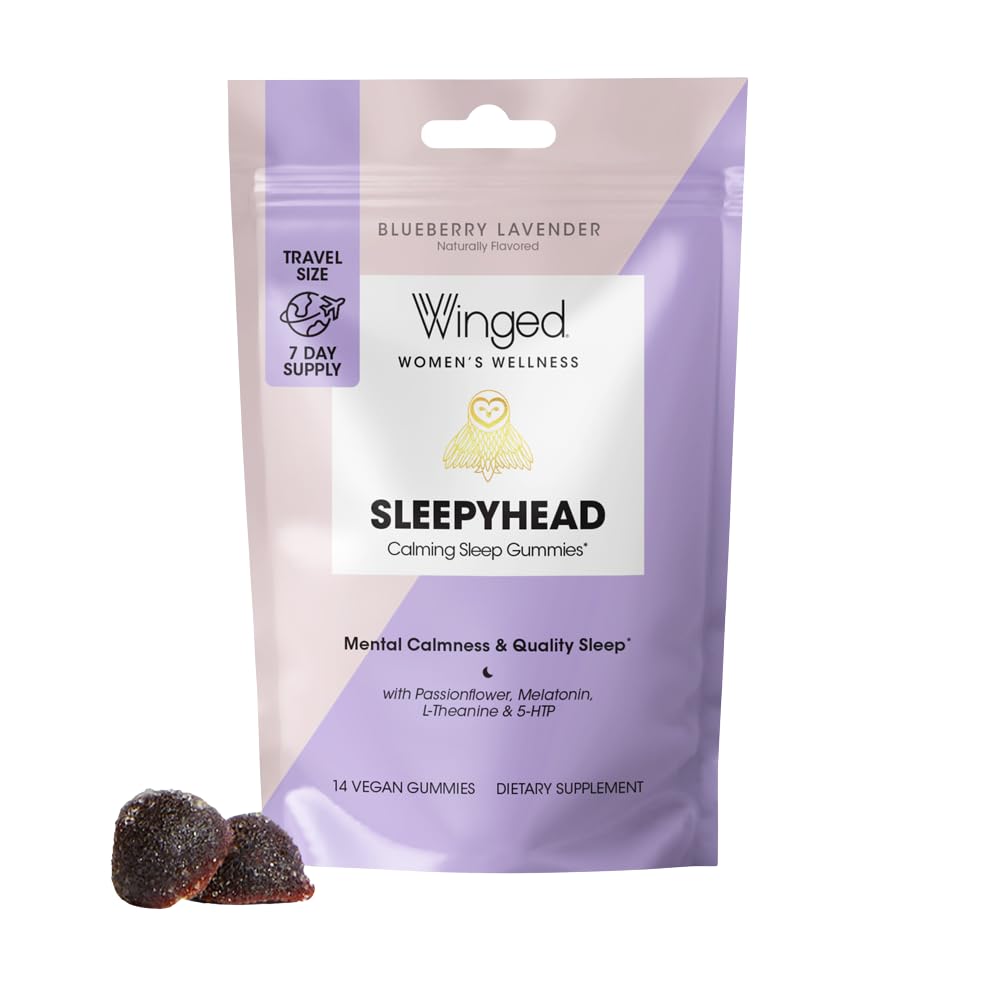Winged Sleepyhead Gummies | Non-Habit Forming Natural Sleep Supplement | 8 Powerful Nutrients with Melatonin, L-Theanine, 5-HTP, Passionflower & Lemon Balm | Blueberry Lavender Flavor (7 Servings)