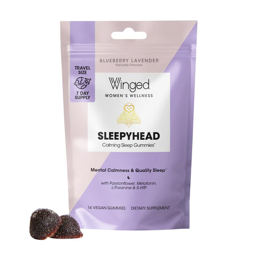 Winged Sleepyhead Gummies | Non-Habit Forming Natural Sleep Supplement | 8 Powerful Nutrients with Melatonin, L-Theanine, 5-HTP, Passionflower & Lemon Balm | Blueberry Lavender Flavor (7 Servings)