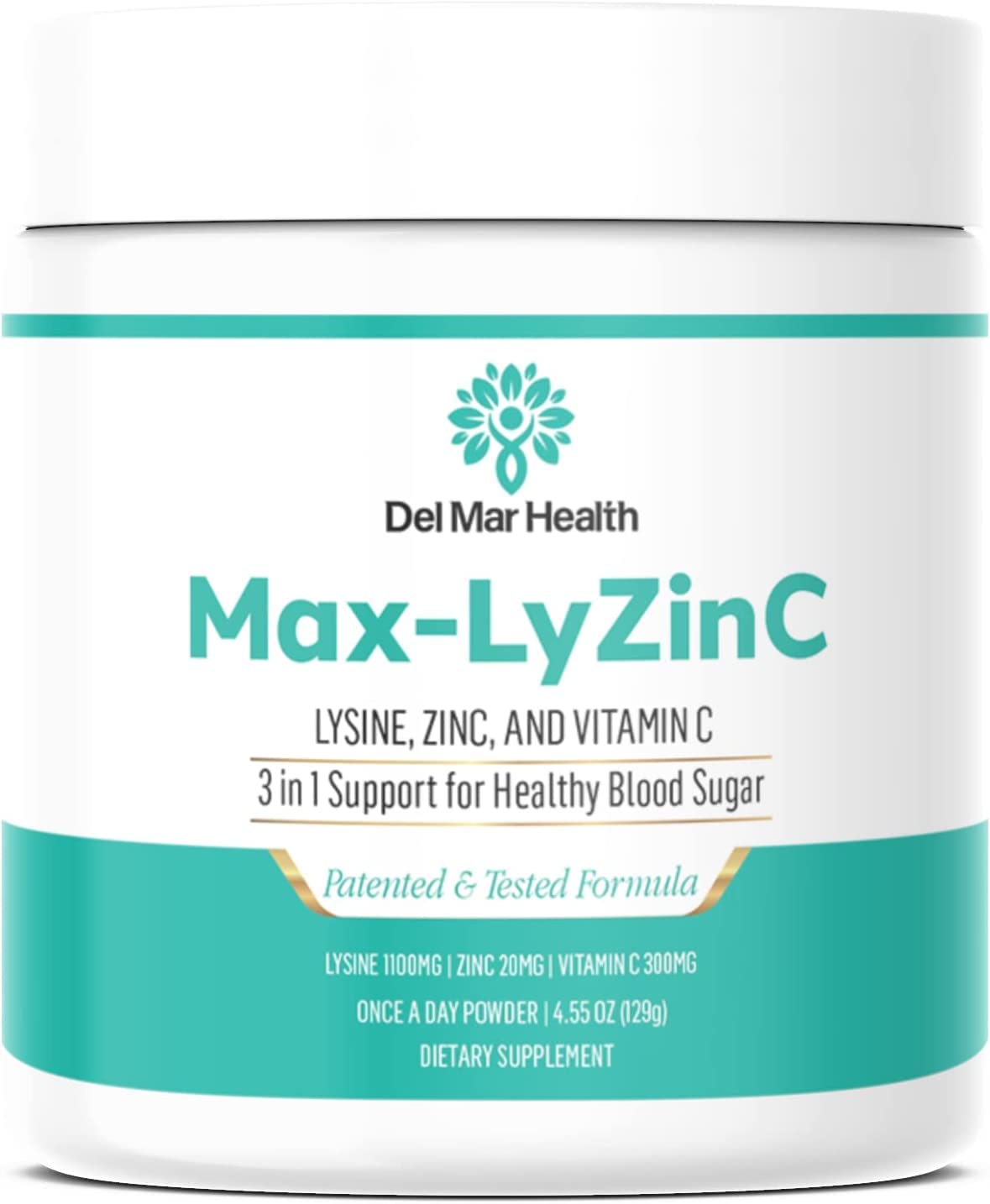 Del Mar Health Max-LyZinC | L-Lysine 1100 mg + Zinc 6 mg + Vitamin C 100 mg - 3-in-1 Supplement for Maintaining Blood Sugar Already in The Healthy Range - One-Scoop-Per Day Powder