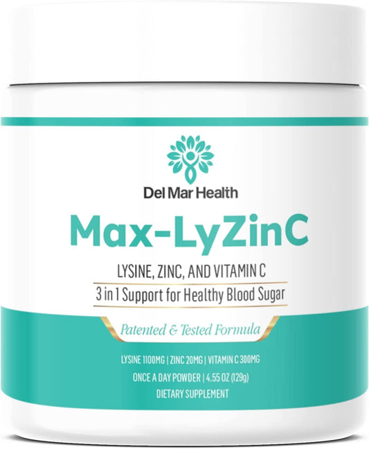 Del Mar Health Max-LyZinC | L-Lysine 1100 mg + Zinc 6 mg + Vitamin C 100 mg - 3-in-1 Supplement for Maintaining Blood Sugar Already in The Healthy Range - One-Scoop-Per Day Powder