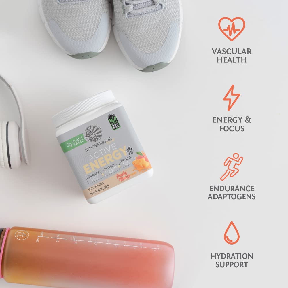 Sunwarrior Plant-Based Preworkout Powder Hydration Blend | Coconut Water Mushroom Blend Soy Free Sugar Free Gluten Free Dairy Free Synthetic Free | Peach Mango 30 Servings | Sport Active Energy