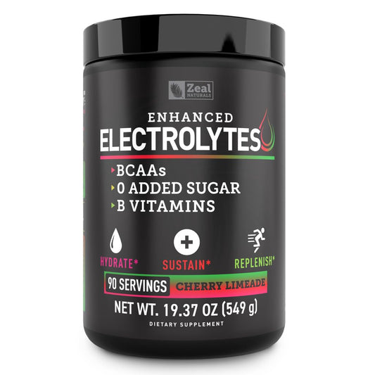 Zeal Naturals Electrolyte Powder Recovery Drink (90 Servings | Cherry Limeade) w 0 Sugar +BCAAs +B-Vitamins Electrolyte Supplement w Potassium Zinc & Magnesium for Hydration - Keto Electrolytes