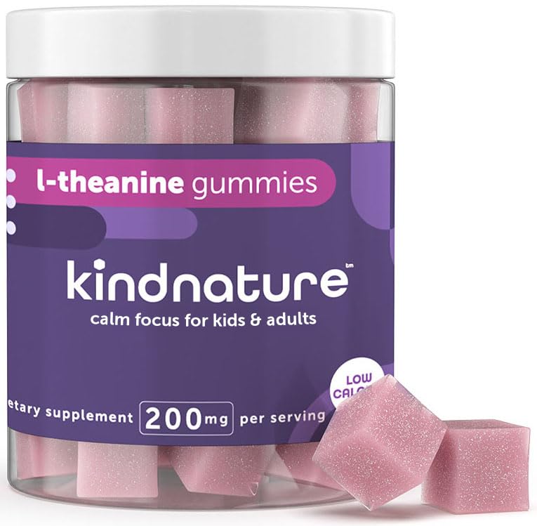 Kind Nature L-Theanine Gummies 200mg - Vegan Relaxation & Focus Supplement for Adults & Kids Ages 4+ - Low Calorie Stress Relief Gummies for Calm, Clarity & Anxiety Support - Mixed Berry Chewable