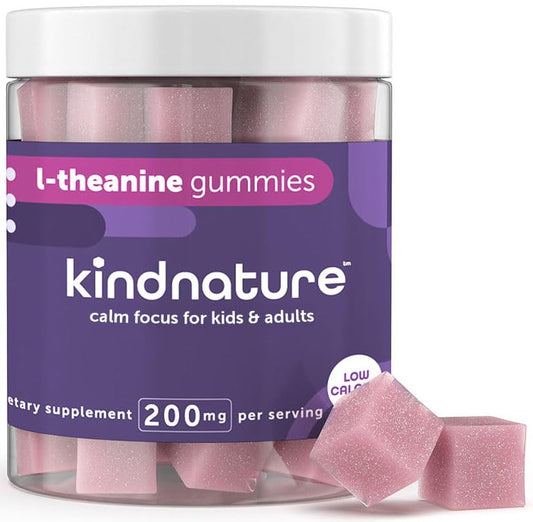 Kind Nature L-Theanine Gummies 200mg - Vegan Relaxation & Focus Supplement for Adults & Kids Ages 4+ - Low Calorie Stress Relief Gummies for Calm, Clarity & Anxiety Support - Mixed Berry Chewable