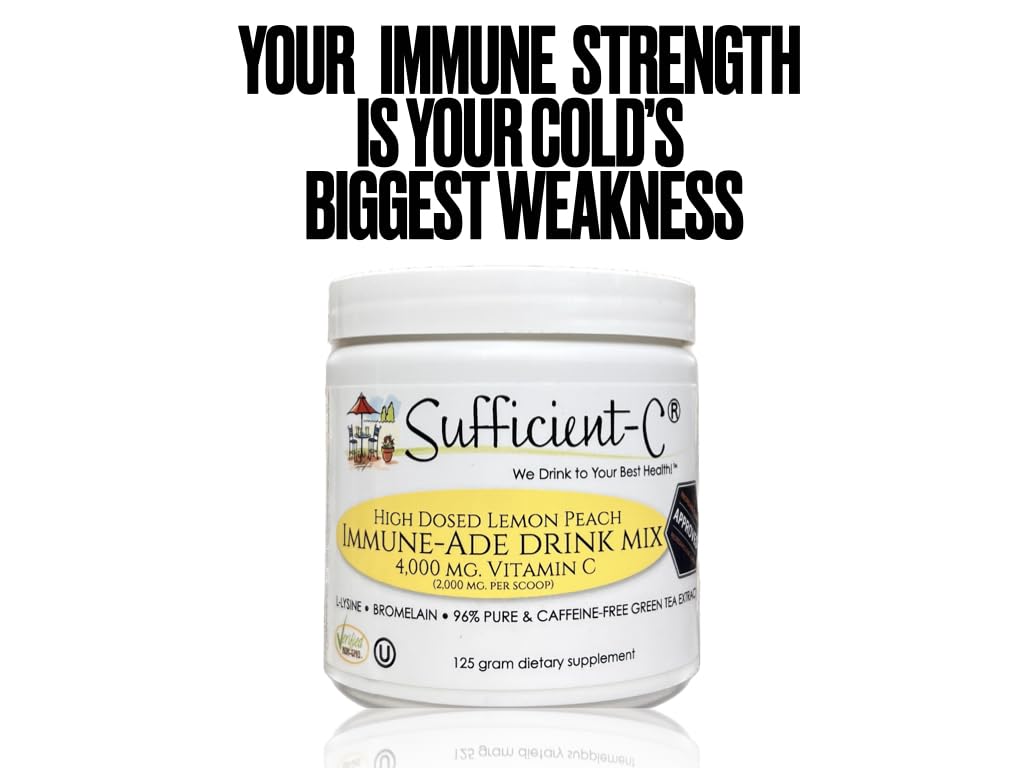 Sufficient-C High Dose Non-GMO Vitamin C Lemon Peach Immune-Ade Drink Mix, Convenient 125 Gram Size w/L-lysine, Bromelain & a Premium 96% Pure Green Tea Extract - Stomach Friendly, Adrenal Supportive