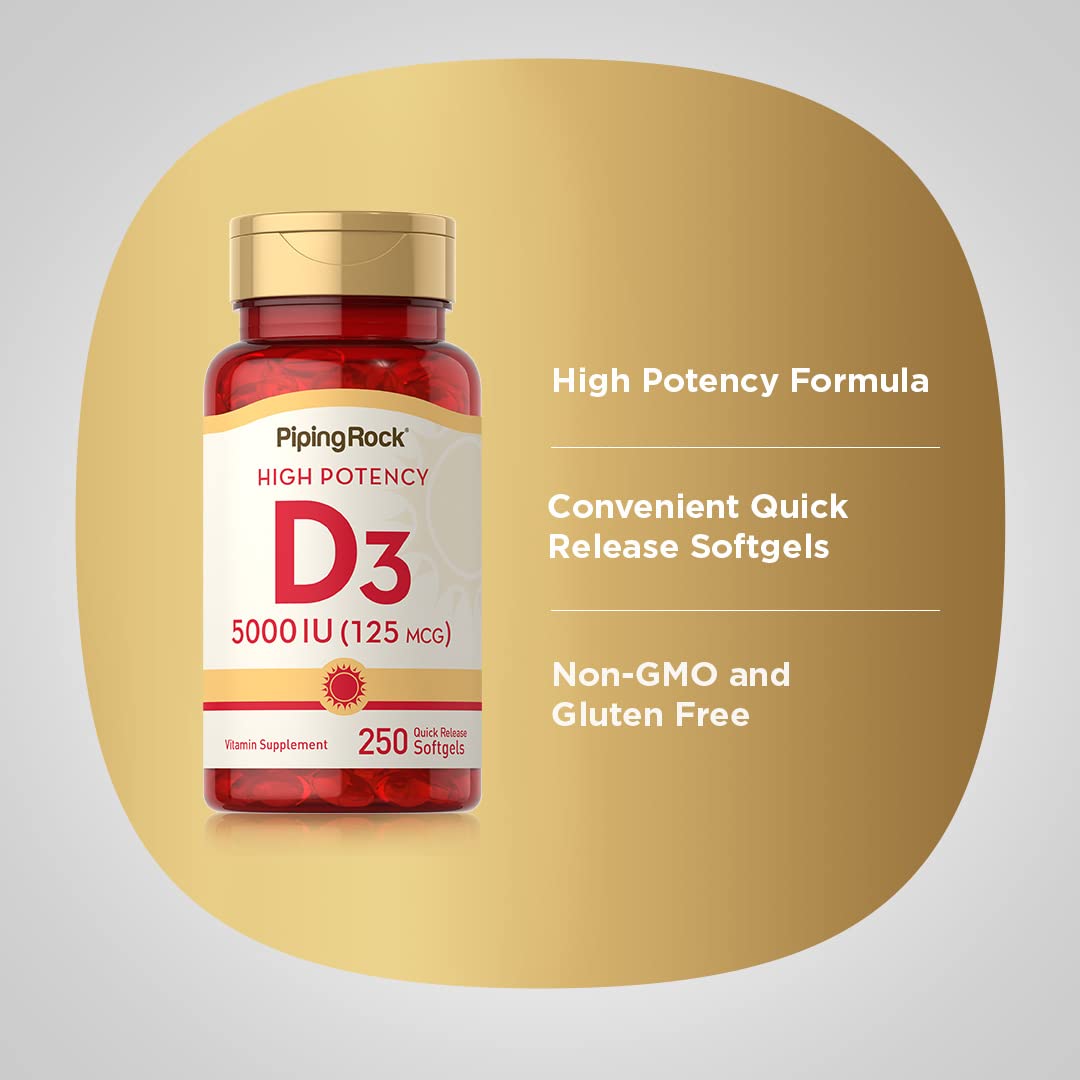 Piping Rock Vitamin D3 5000 IU | 250 Softgels | High Potency Supplement | Non-GMO, Gluten Free