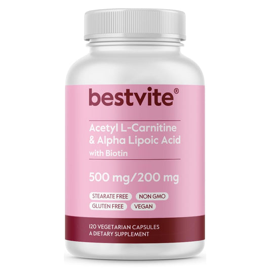 BESTVITE Acetyl L-Carnitine 500mg & Alpha Lipoic Acid 200mg per Capsule with Biotin (120 Vegetarian Capsules) - No Stearates - Vegan - Non GMO - Gluten Free