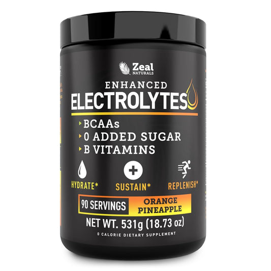 Zeal Naturals Electrolyte Powder Recovery Drink (90 Servings | Orange Pineapple) w/ 0 Sugar +BCAAs +B-Vitamins Electrolyte Supplement w Potassium Zinc & Magnesium for Hydration - Keto Electrolytes