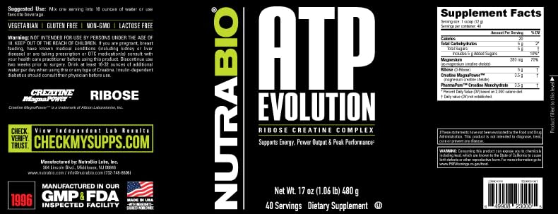 NutraBio ATP Evolution, Supercharged Muscle Recovery, 500g Powder - 40 Servings