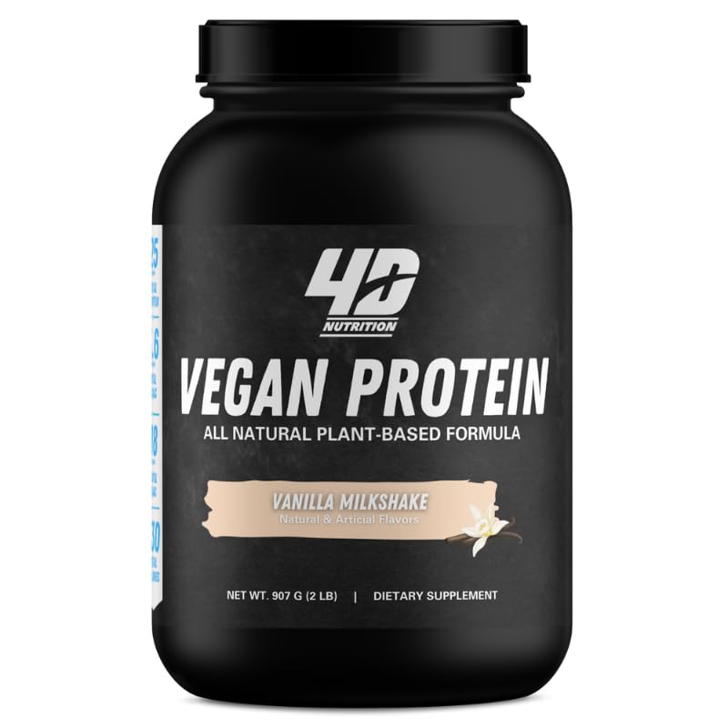 4D NUTRITION - Vegan Plant Protein Powder, 25g Protein, 3.6g BCAAs & 18g EAAs, Quick Absorbing & Fast Digesting for Optimal Muscle Recovery, Vanilla Milkshake, 2 Pound, 28 Servings
