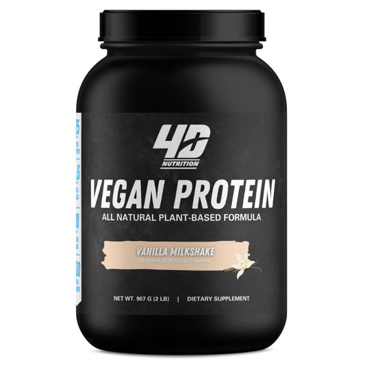 4D NUTRITION - Vegan Plant Protein Powder, 25g Protein, 3.6g BCAAs & 18g EAAs, Quick Absorbing & Fast Digesting for Optimal Muscle Recovery, Vanilla Milkshake, 2 Pound, 28 Servings