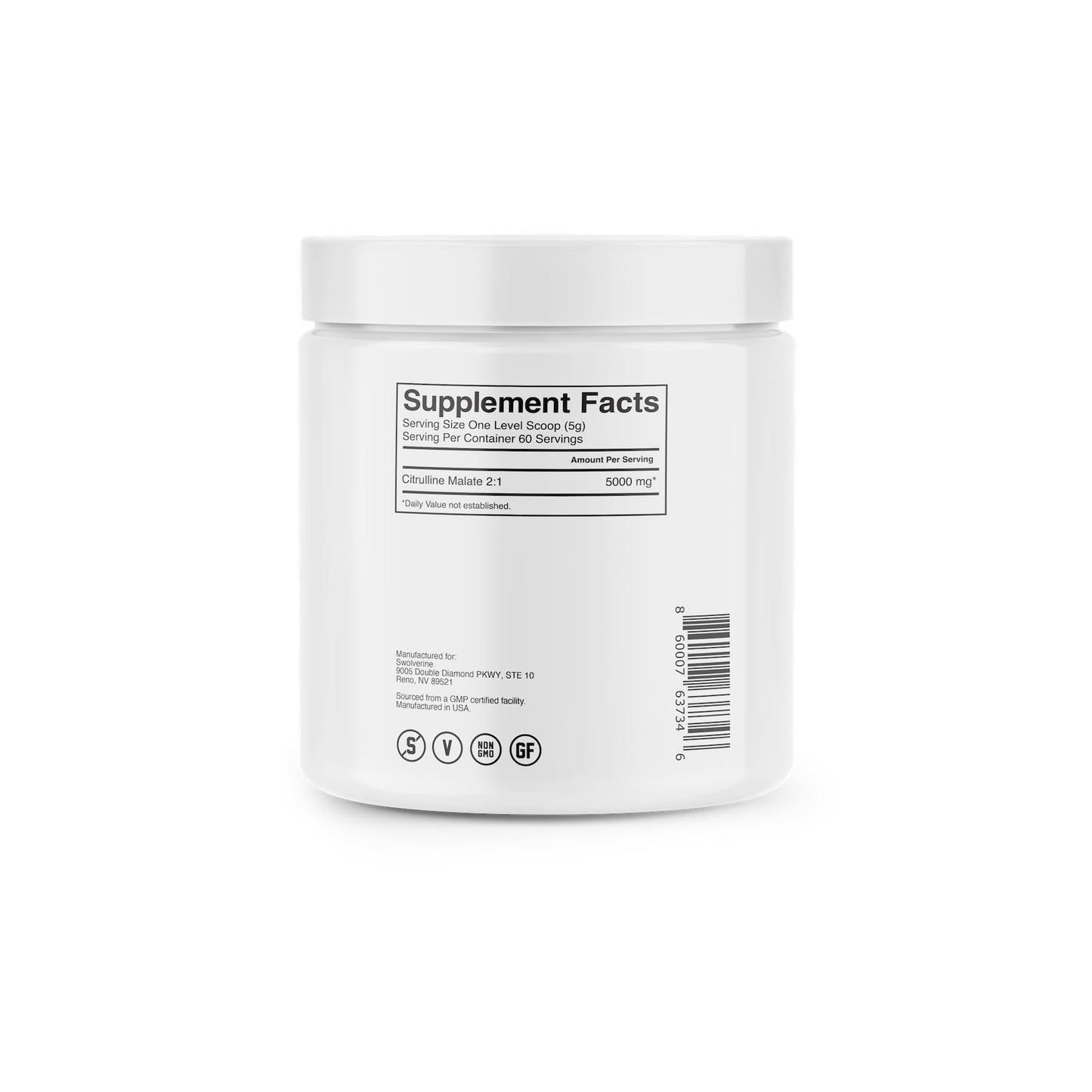 Swolverine Citrulline Malate 2:1 | 2:1 Ratio Of L-Citrulline & Malic Acid, Increases Strength, Enhances Muscular Endurance, Boost NO, Optimize Recovery, 300g, 5g Per Serving, Unflavored, (60 Servings)