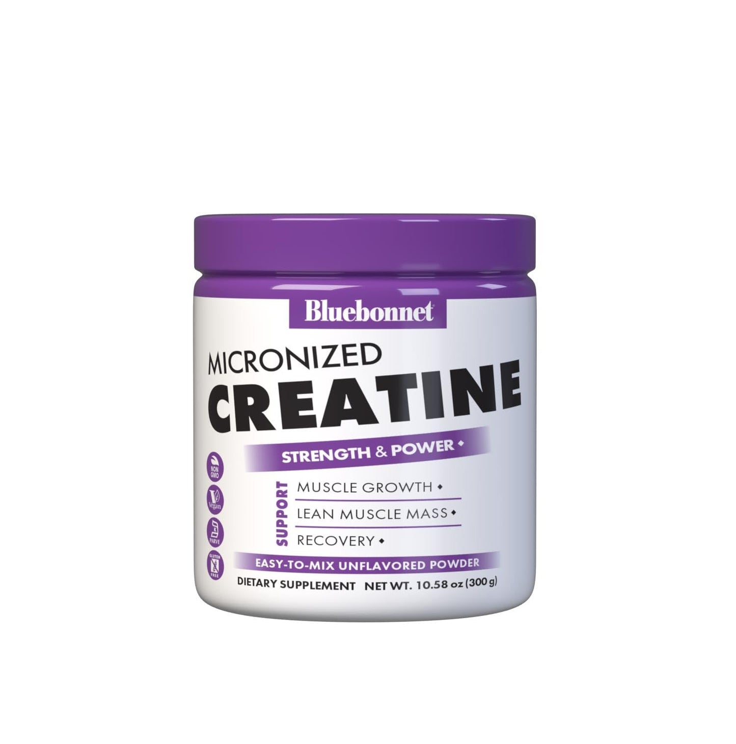BlueBonnet Nutrition Micronized Creatine Monohydrate 5 g - Supports Lean Muscle Mass* - Non-GMO, Vegan, Kosher Certified, Gluten-Free, Soy-Free, Milk-Free - Unflavored, 10.58 OZ, 60 Servings