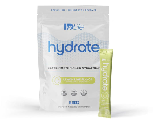 IDLife Lemon Lime Hydrate Drink Powder - Instant Electrolyte Fueled Hydration with Vitamins, MCTs & Minerals for Vital Nutrients - 15 Sticks per Bag