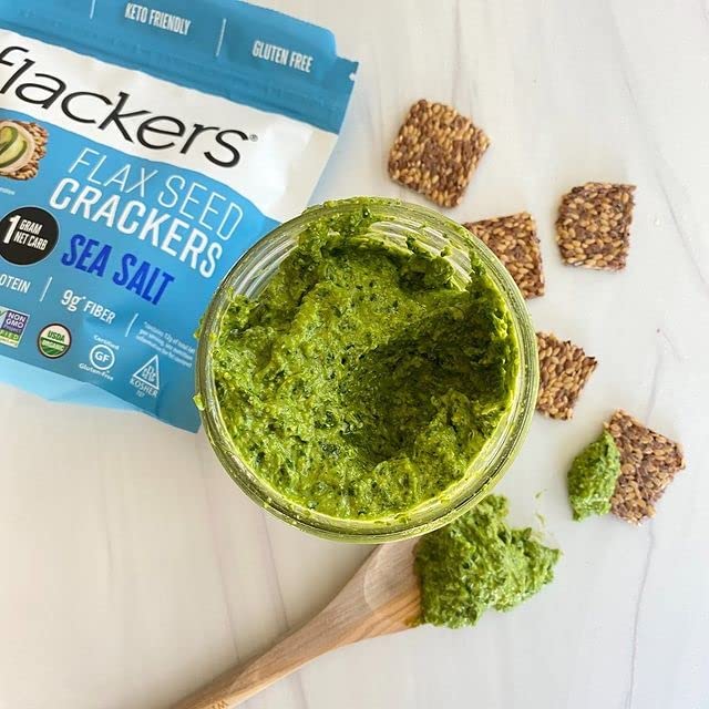 Flackers Organic Sea Salt Flaxseed Crackers Gluten Free Non GMO Vegan Keto Snack 9g Fiber 1g Net Carb 5 Ounce 4Pack