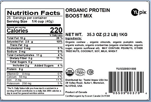 Yupik Organic Protein Boost Trail Mix 22 Lb A Mix Of Cashews Almonds Pumpkin Seeds Walnut Cranberries Pack of 1