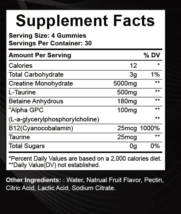Creatine Monohydrate Gummies 240 for Men & Women- 5g, Sugar-Free Pre-Workout Gummy W/L-Taurine, Betaine Anhydrous, Alpha GPC, Vitamin B12, Chewable Gummies for Muscle Strength & Energy Boost (2 Pack)