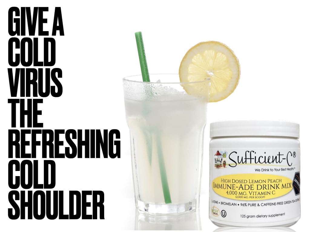 Sufficient-C High Dose Non-GMO Vitamin C Lemon Peach Immune-Ade Drink Mix, Convenient 125 Gram Size w/L-lysine, Bromelain & a Premium 96% Pure Green Tea Extract - Stomach Friendly, Adrenal Supportive