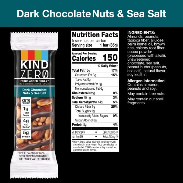 KIND ZERO Added Sugar Bars Keto Friendly Snacks Dark Chocolate Nuts and Sea Salt 62oz Box 30 Bars