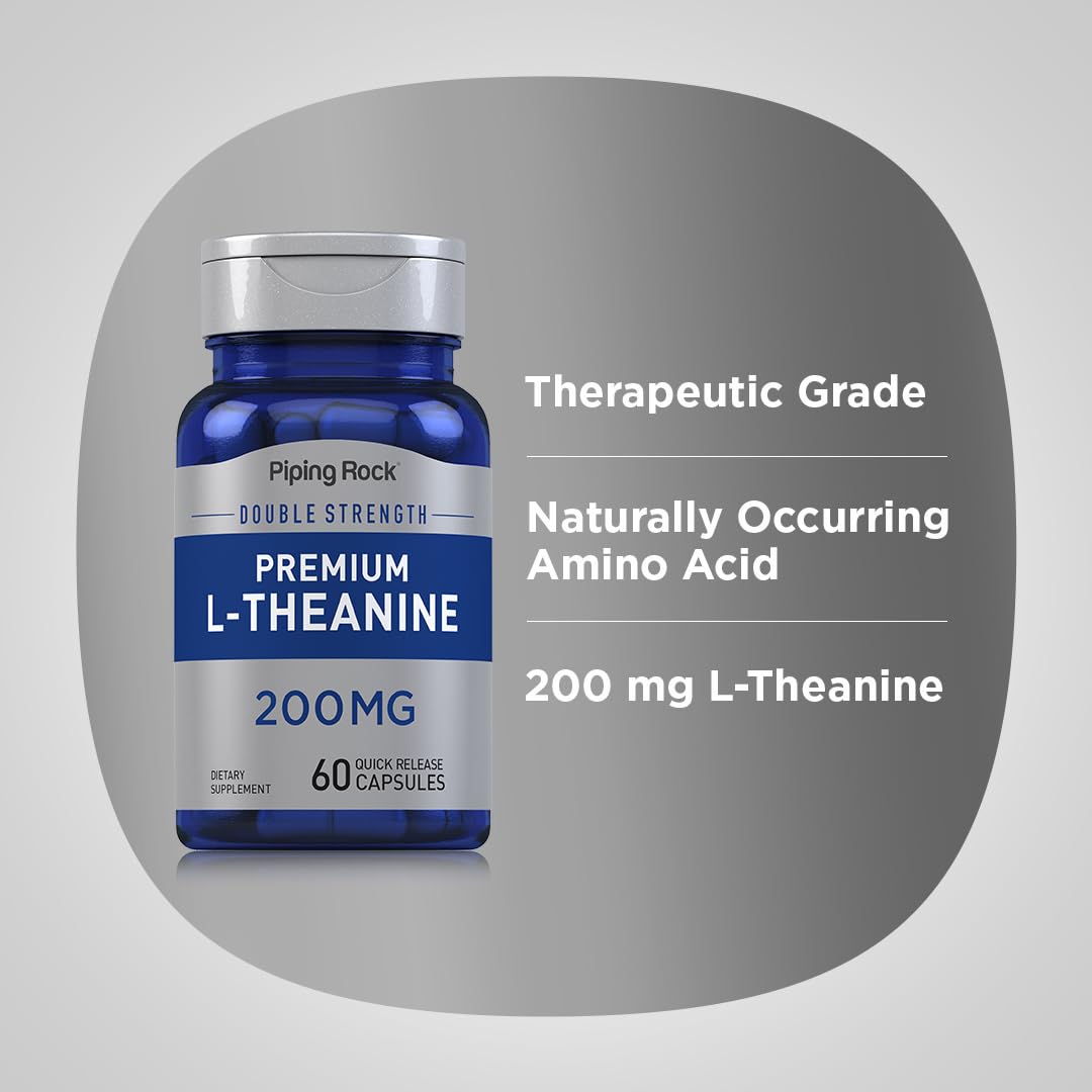 Piping Rock L-Theanine 200mg Supplement | 60 Capsules | Double Strength | Non-GMO, Gluten Free