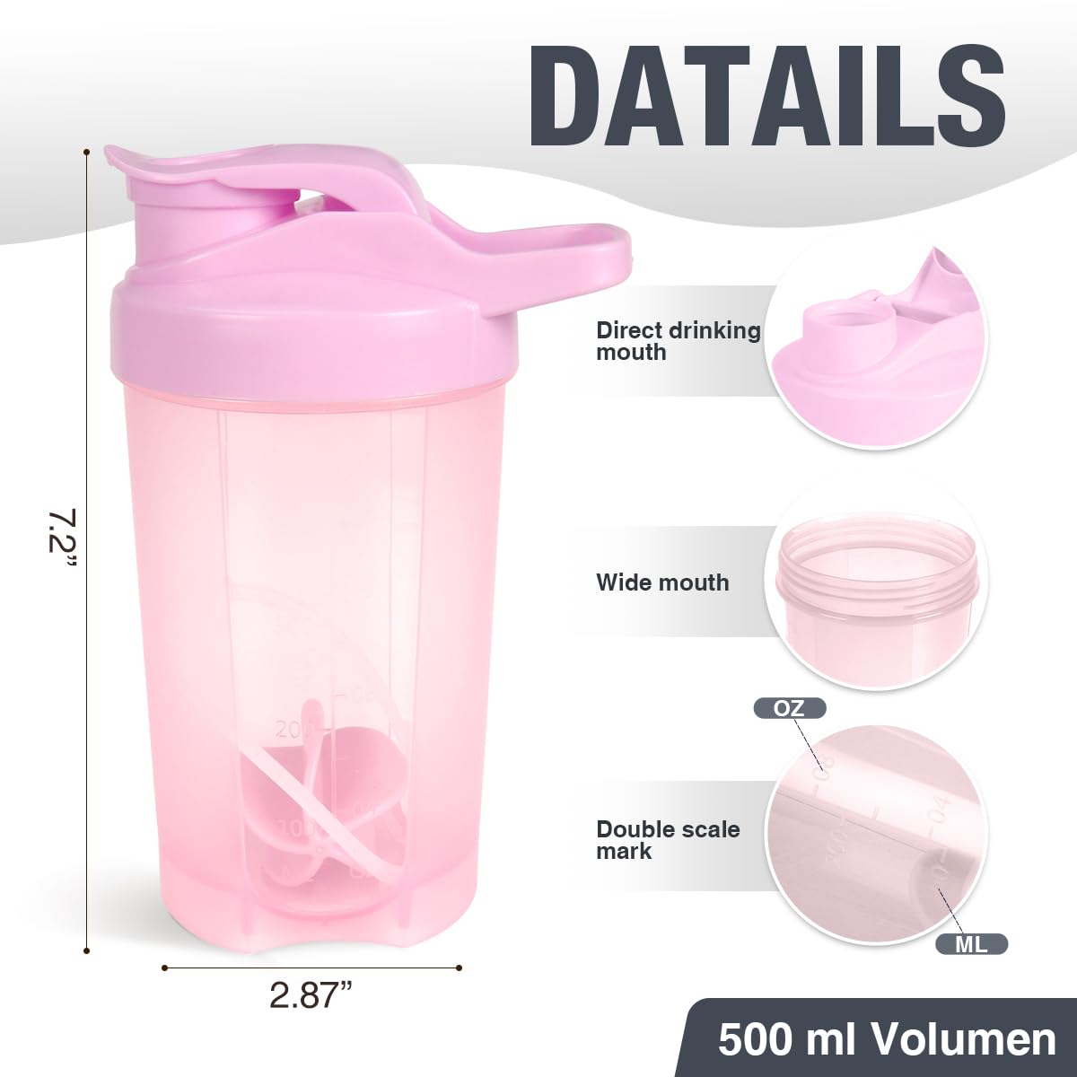 D.Y.A 16oz Shaker Bottle，Leak Proof Sports Shaker Cups for Protein Shakes，Shaker Bottle for Pre Workout and Travel To Go，BPA Free & Easy Clean Protein Shaker Bottle,Pink