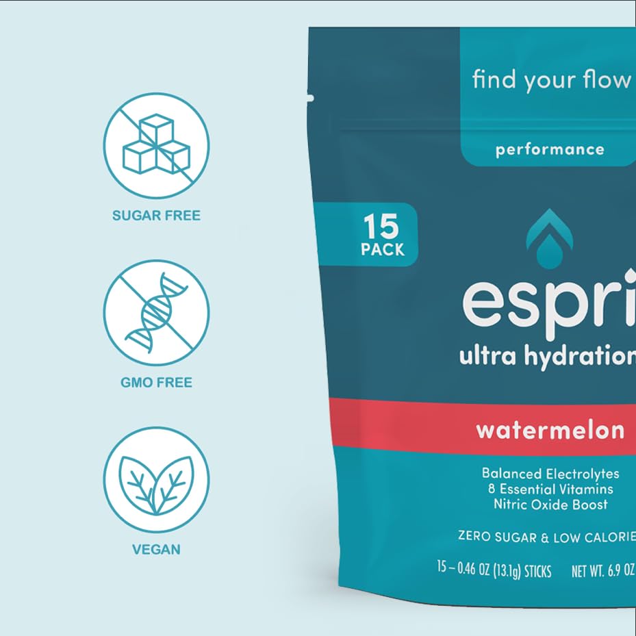 ESPRI Zero Sugar Electrolyte Drink Mix, Watermelon, Hydration Packets, Nitric Oxide Boost, Low Calories, Magnesium Citrate Prevents Muscle Cramps and Improves Recovery, 15 Day Supply