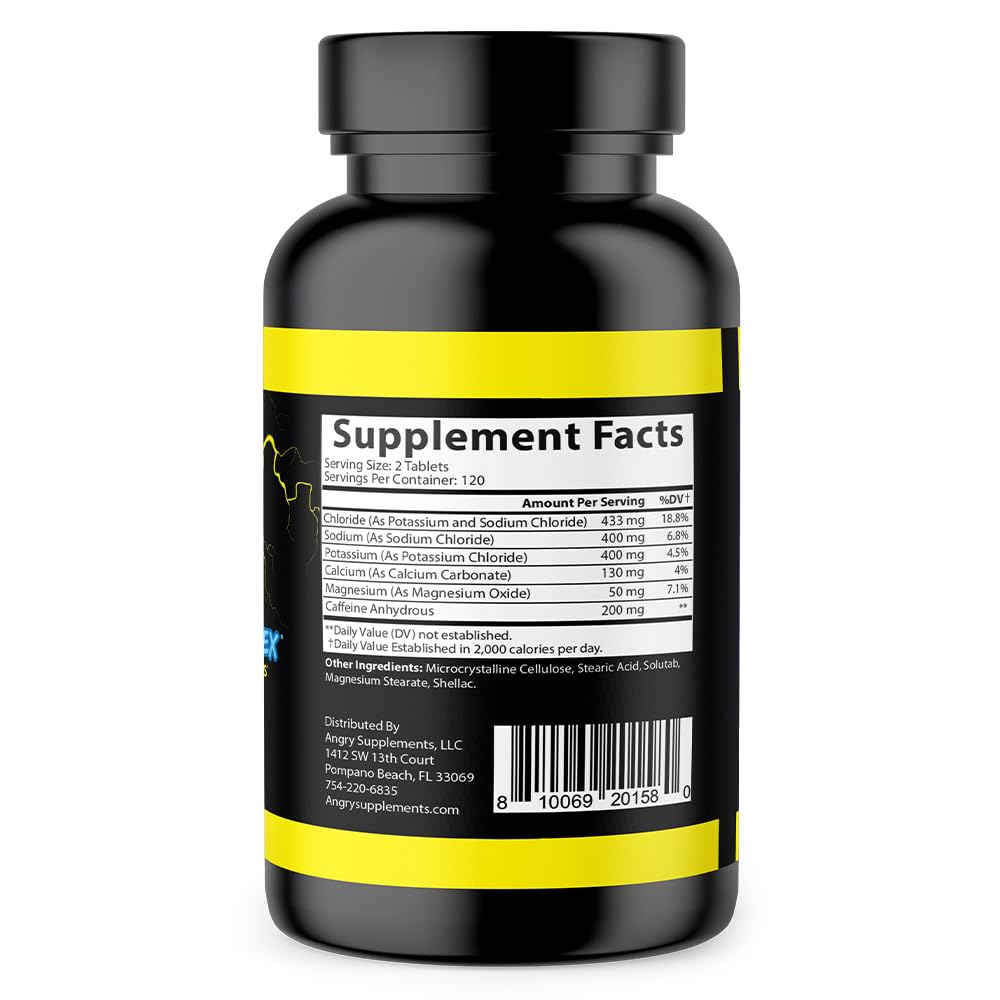 Angry Supplements Electro Lightning Energy Hydration Complex Electrolyte Tablets - Hydrate with Calcium, Magnesium, Sodium, Potassium & Caffeine Pills (240ct, 120 Day Supply)