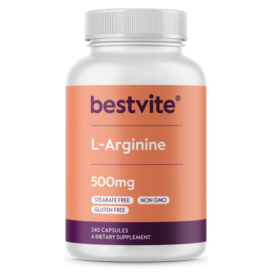 BESTVITE L-Arginine 500mg (240 Capsules) - No Magnesium Stearate - No Silicon Dioxide - No Fillers - Non GMO - Gluten Free