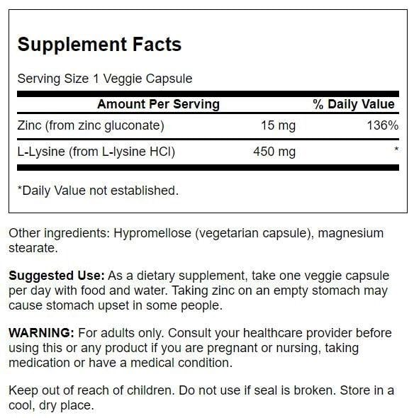Swanson Premium Brand Zinc Gluconate '&' L-Lysine - 2-in-1 Formula 90 Veg Caps