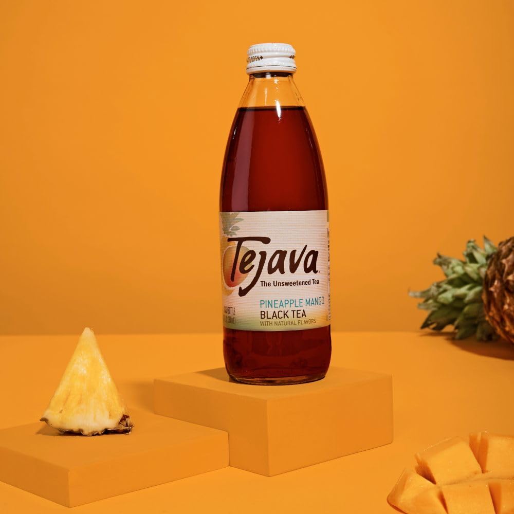 Tejava Pineapple Mango Black Iced Tea 4 Pack 12oz Glass Bottles Unsweetened NonGMO Kosher No Sugar or Sweeteners No calories No Preservatives Brewed in Small Batches