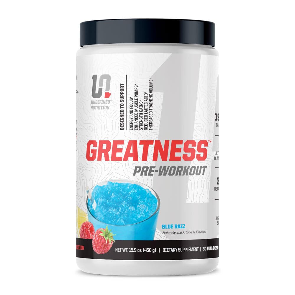 Undefined Nutrition Greatness Pre-Workout by Brian Shaw (30 Servings) - 6 g Citrulline Malate & 3.2 g Beta Alanine for Better Pumps, Energy, Focus and Strength for Men & Women (15.9 Oz, Blue Razz)