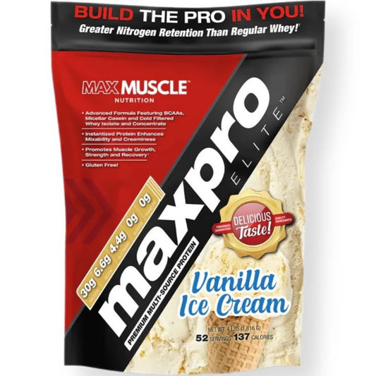 Max Muscle Maxpro Elite Whey Protein Powder | 30g Protein | 0g Sugar | 6.6g BCAAs | Micellar Casein Cold Filtered Whey Isolate Protein | Promotes Muscle Growth & Recovery (Vanilla Ice Cream, 4lb)