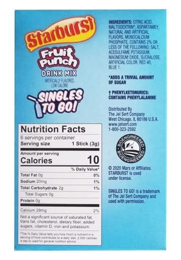 Starburst Singles To Go Powdered Drink Mix Fruit Punch SugarFree Drink Powder Pack of 6