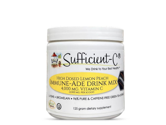 Sufficient-C High Dose Non-GMO Vitamin C Lemon Peach Immune-Ade Drink Mix, Convenient 125 Gram Size w/L-lysine, Bromelain & a Premium 96% Pure Green Tea Extract - Stomach Friendly, Adrenal Supportive