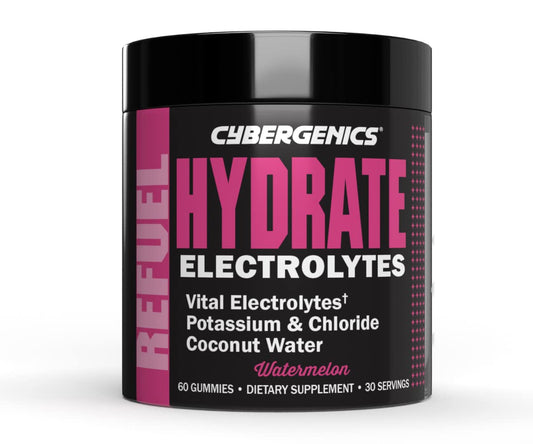 Cybergenics Hydrate Gummies, Vital Electrolytes, Supports Recovery, Supports Hydration, with Coconut Water, Potassium & Chloride, Cellular Hydration, Watermelon Flavor, 60 Gummies, 30 Servings