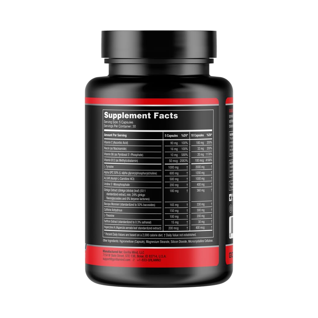 Gorilla Mind Nootropic Formula (150 Capsules) - Best Caffeinated Productivity Supplement / 8+ Hours of Focus and Energy