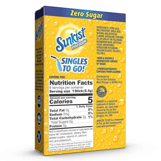 Sunkist Singles To Go Drink Mix Pineapple 3 Boxes with 6 Packets Each 18Total Servings
