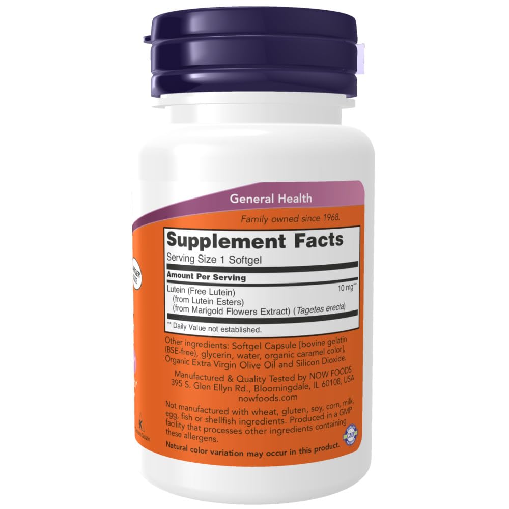 NOW Foods Supplements, Lutein 10 mg with 10 mg of Free Lutein from Lutein Esters, 120 Softgels