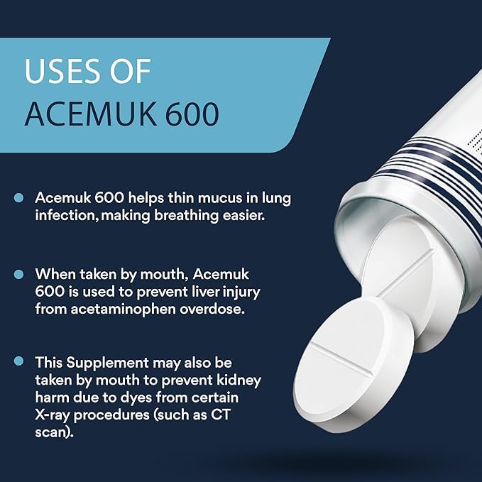 Acemuk N-Acetylcysteine (NAC) 600mg - Supports Respiratory Health, Immune Function, Liver & Kidney Detox - Potent Antioxidant, Easy to Absorb - 20 Tablets (1-Pack)